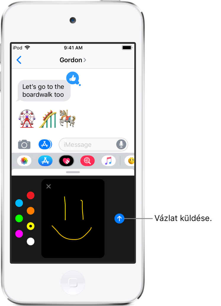 Az Üzenetek alkalmazás ablaka, amelynek alján a Digital Touch képernyő látható. A bal oldalon a választható színek jelennek meg, középen a rajzvászon, a jobb oldalon pedig a Küldés gomb.