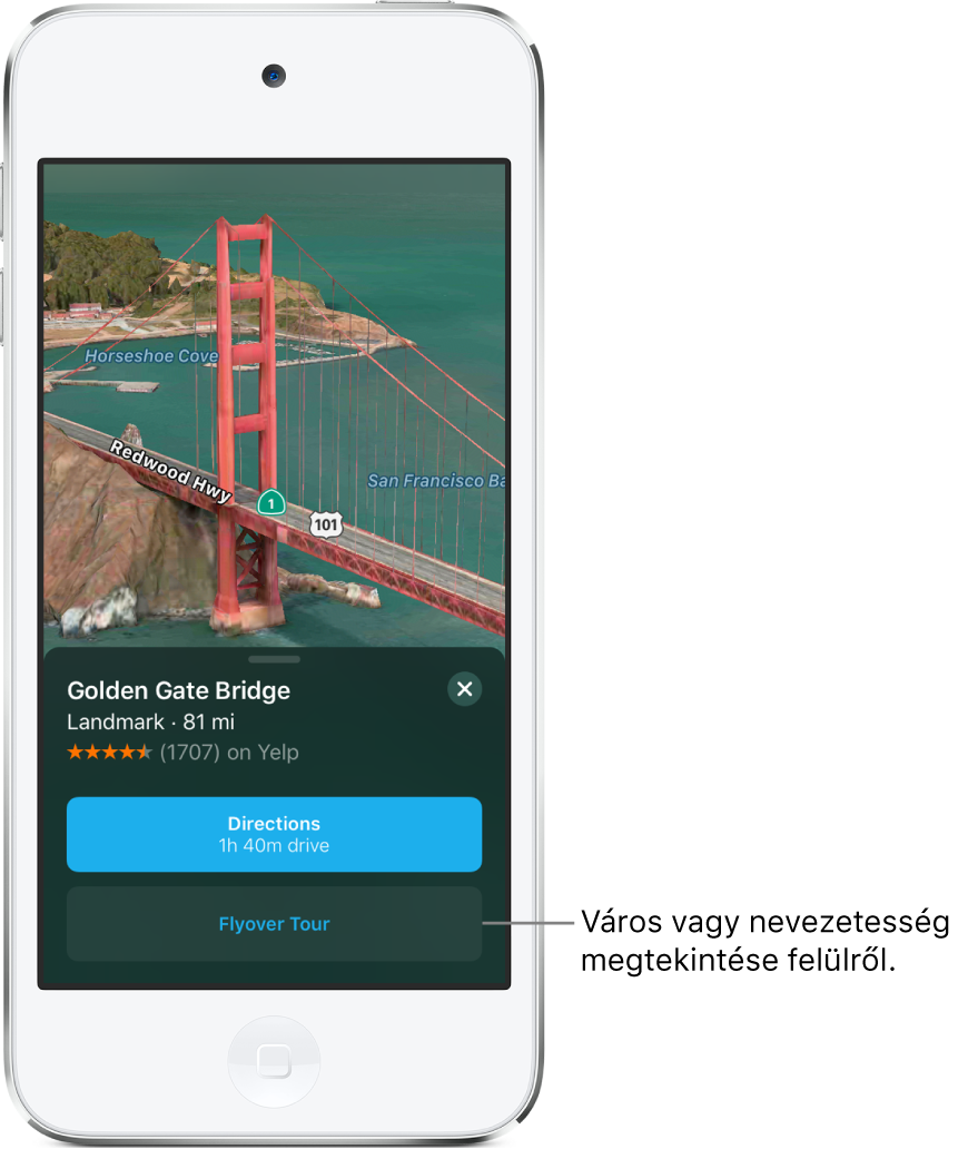 A Golden Gate-híd egy részlete. A képernyő alján egy sáv jelenik meg, amelyen a Flyover-áttekintés gomb látható az Útvonaltervek gomb alatt.