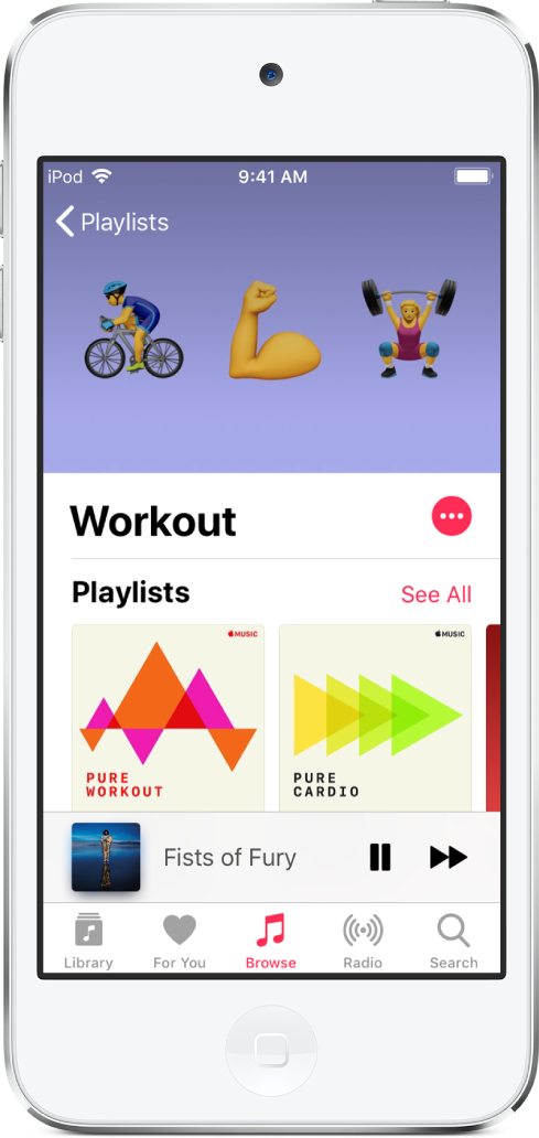 Layar telusuri dari app Musik menampilkan album unggulan. Di sepanjang bagian bawah, dari kiri ke kanan, terdapat tab Perpustakaan, Untuk Anda, Telusuri, Radio, dan Cari.