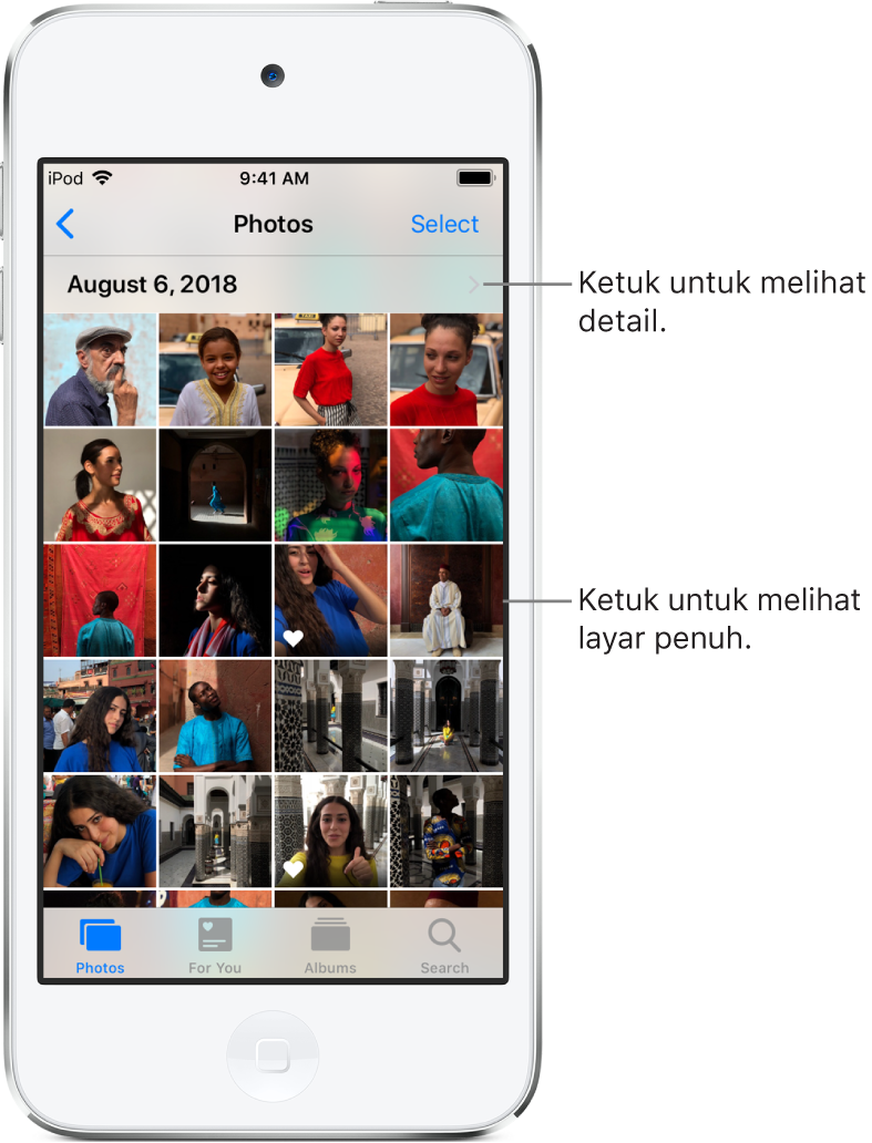 App Foto, di bagian bawah layar, dari kiri ke kanan adalah tab Foto, Untuk Anda, Album, dan Cari. Tab Foto dipilih dan layar di atas menampilkan grid gambar mini foto yang diatur dalam grup menurut momen. Di atas tiap momen terdapat tanggal foto diambil. Ketuk tanggal untuk menampilkan detail mengenai momen. Ketuk gambar mini foto untuk menampilkan foto dalam layar penuh.