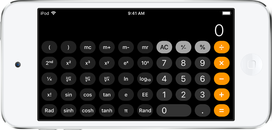 iPod touch dalam orientasi lanskap menampilkan kalkulator ilmiah untuk fungsi eksponen, logaritma, dan trigonometri.