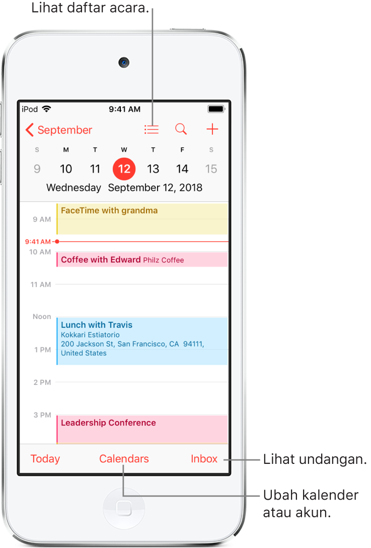 Kalender dalam tampilan hari menampilkan acara pada hari itu. Ketuk tombol Kalender di bagian bawah layar untuk mengubah akun kalender. Ketuk tombol Inbox di kanan bawah untuk melihat undangan.