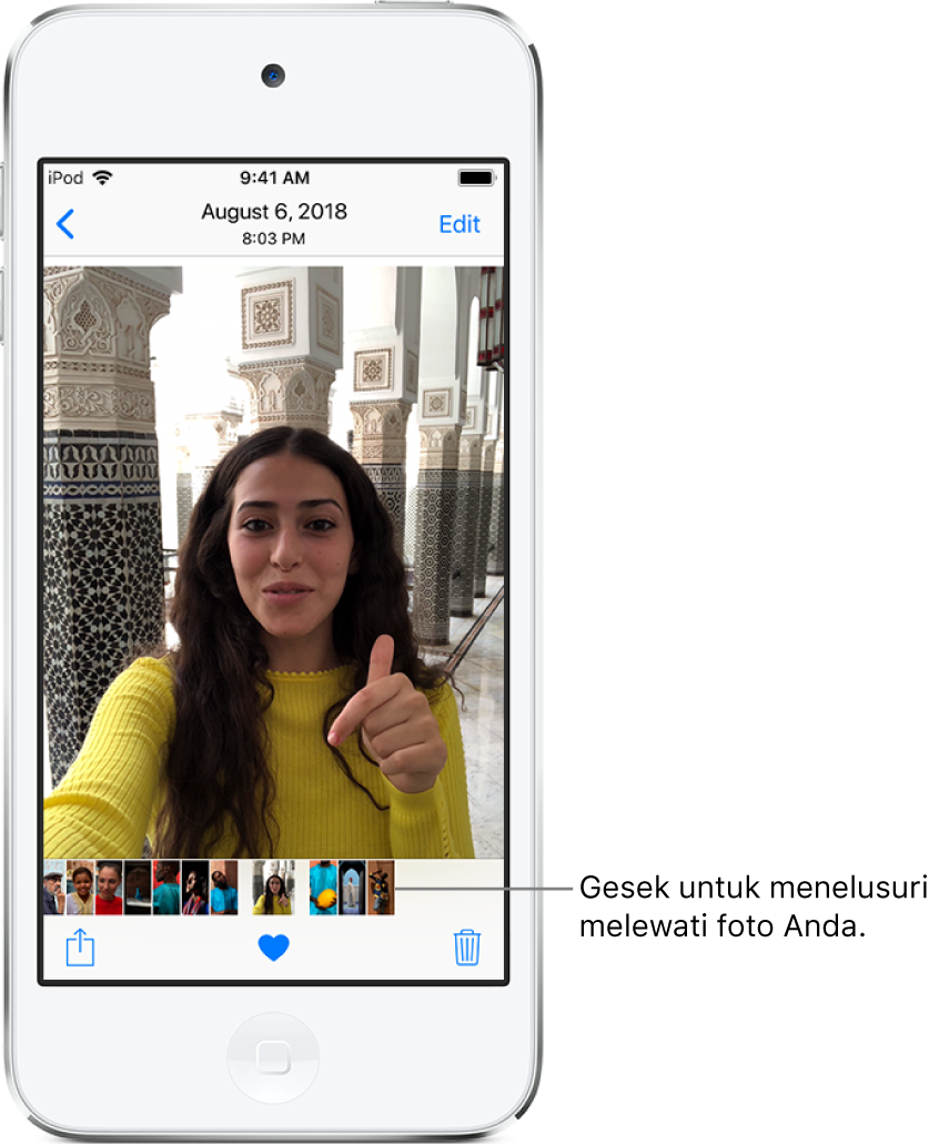 Foto dengan gambar mini foto lain di bagian bawah layar. Di kiri atas terdapat tombol kembali yang akan membawa Anda ke tab yang Anda telusuri. Di sepanjang bagian bawah terdapat tombol Bagikan, Sukai, dan Hapus. Di kanan atas terdapat tombol Edit.