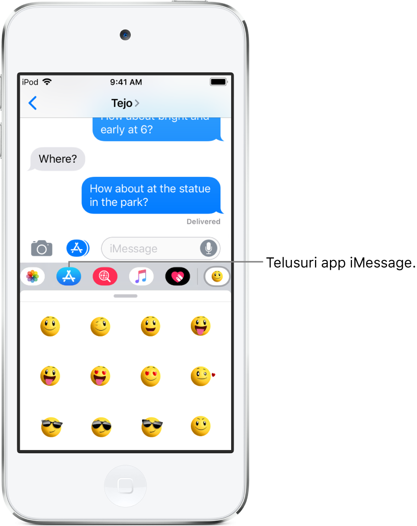 Percakapan Pesan, dengan tombol Browser App iMessage dipilih. Rak app terbuka menampilkan stiker smiley.