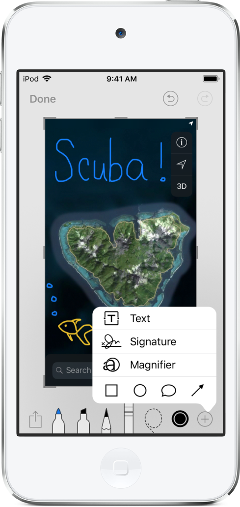 Gambar peta dianotasikan dalam tulisan tangan berwarna biru dan kuning. Alat gambar dan pemilih warna muncul di bagian bawah layar. Menu dengan pilihan untuk menambahkan teks, tanda tangan, kaca pembesar, dan bentuk muncul di pojok kanan bawah.