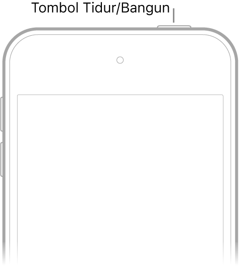 Bagian depan iPod touch dengan tombol Tidur/Bangun di tepi kanan atas.