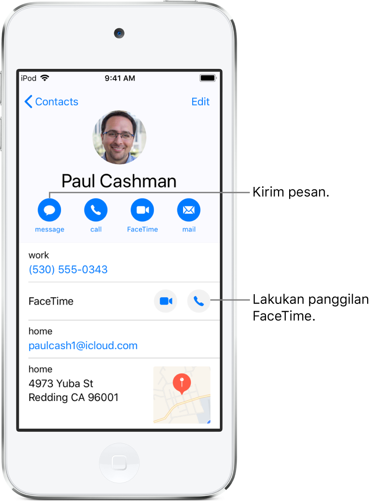 Layar info untuk kontak. Di bagian atas adalah nama dan foto kontak. Di bawahnya adalah tombol-tombol untuk mengirimkan pesan, melakukan panggilan telepon, melakukan panggilan FaceTime, dan mengirimkan pesan email. Di bawah tombol terdapat informasi kontak.