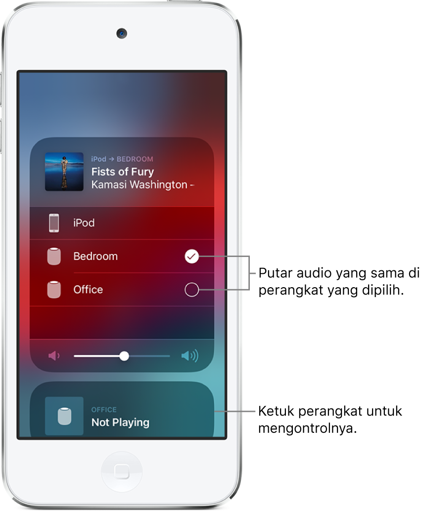 Layar AirPlay menampilkan dua kartu. Kartu audio yang terbuka untuk iPod touch berada di bagian atas dan menampilkan judul lagu dan artis. Kartu ini menampilkan dua speaker—kamar tidur dan kantor, dengan speaker kamar tidur dipilih. Keterangan menunjuk ke dua speaker dan bertuliskan “Putar audio yang sama di perangkat yang dipilih.” Penggeser volume muncul di bagian bawah kartu terbuka. Di bagian bawah layar terdapat kartu tertutup untuk speaker kantor, menampilkan Tidak Diputar. Keterangan menunjuk ke kartu tertutup bawah dan bertuliskan “Ketuk perangkat untuk mengontrolnya.”