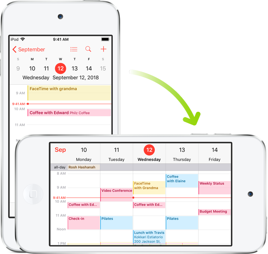 Di latar belakang, iPod touch menampilkan layar Kalender, yang menampilkan acara untuk satu hari di orientasi potret; di latar depan, iPod touch diputar ke orientasi lanskap, yang menampilkan acara Kalender untuk satu minggu yang berisi hari yang sama.