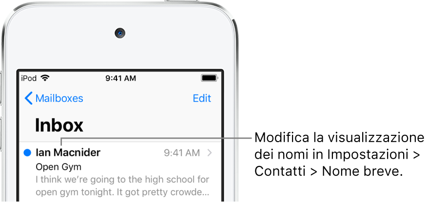 L’anteprima di un’e-mail nella casella Entrata in cui vengono mostrati il nome del mittente, l’orario di invio, l’oggetto e le prime due righe del messaggio. Per modificare la modalità di visualizzazione dei nomi, vai in Impostazioni > Contatti > Nome breve.