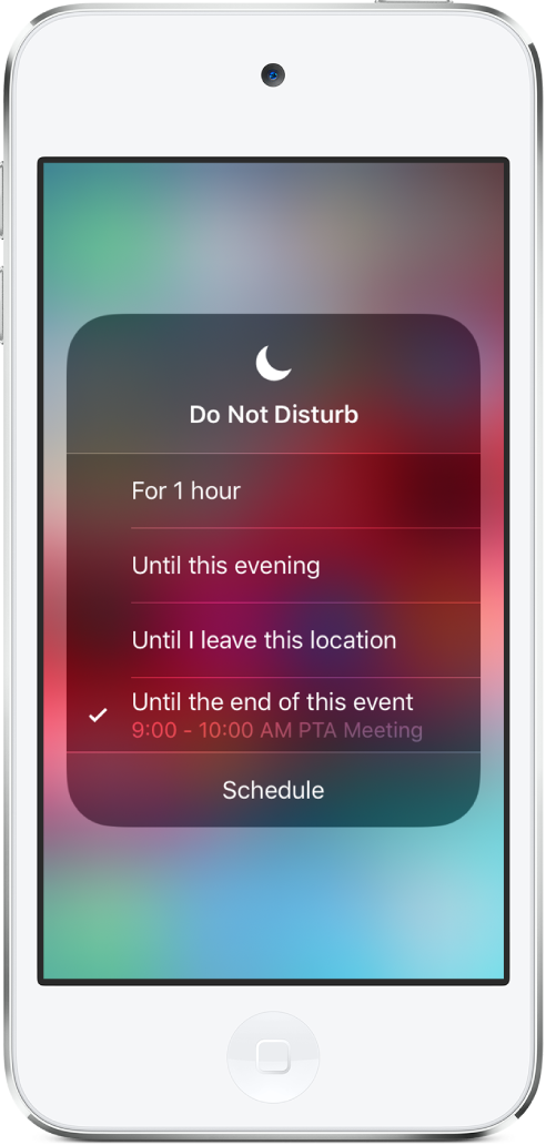 La schermata per scegliere per quanto tempo lasciare attivo “Non disturbare”. Le opzioni sono “Per un'ora”, “Fino a stasera”, “Fino a quando non me ne vado da qui” e “Fino alla fine di questo evento”.