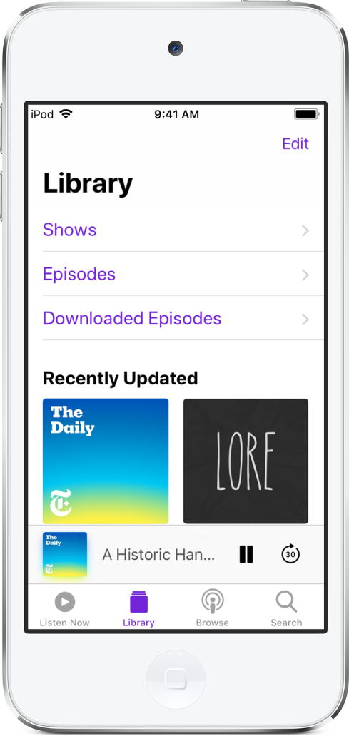 Il pannello Libreria che mostra i podcast aggiornati di recente.