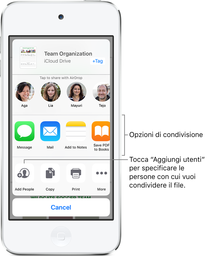 La schermata della condivisione file. In alto c'è il file selezionato per la condivisione. Sotto sono mostrate le persone con le quali puoi condividerle tramite AirDrop. La riga successiva offre ulteriori opzioni di condivisione quali Messaggi, Mail e “Aggiungi a Note”. La riga in basso include dei pulsanti per azioni come “Aggiungi persona”, Copia e Stampa.