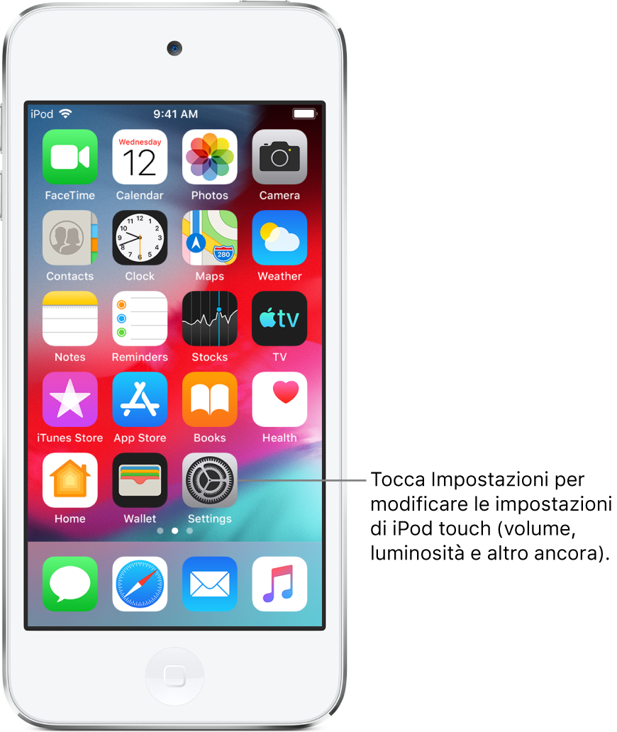 La schermata Home con varie icone, compresa quella di Impostazioni, che puoi toccare per modificare il volume, la luminosità e altro ancora su iPod touch.