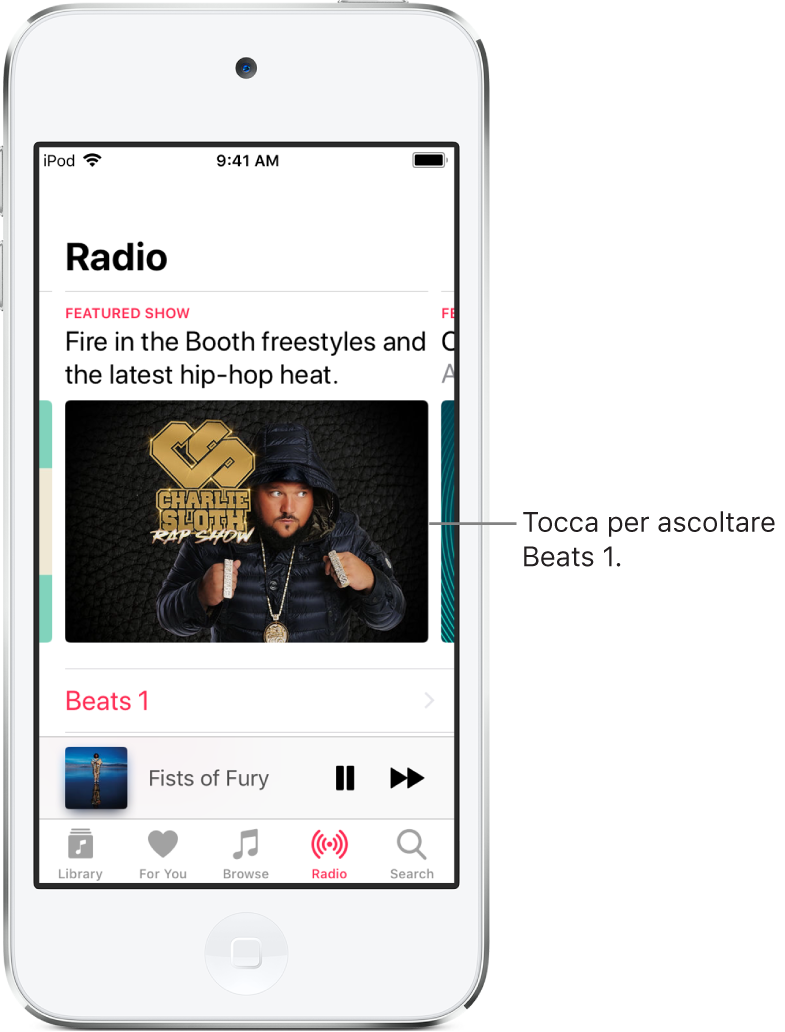 La schermata di Radio con Beats 1 nella parte superiore. Sotto sono visibili le voci Beats 1 e “Stazioni radio”.