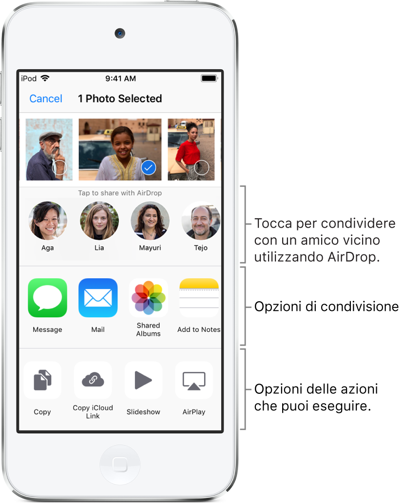 La schermata Condividi di AirDrop. In alto sono visualizzate le foto da selezionare e condividere. Sotto sono mostrate le persone con le quali puoi condividerle tramite AirDrop. La riga successiva offre ulteriori opzioni di condivisione quali Messaggi, Mail, “Album condivisi” e altro ancora. La riga in basso mostra altre opzioni, tra cui “Copia link”, Presentazione e “Aggiungi ad album”.