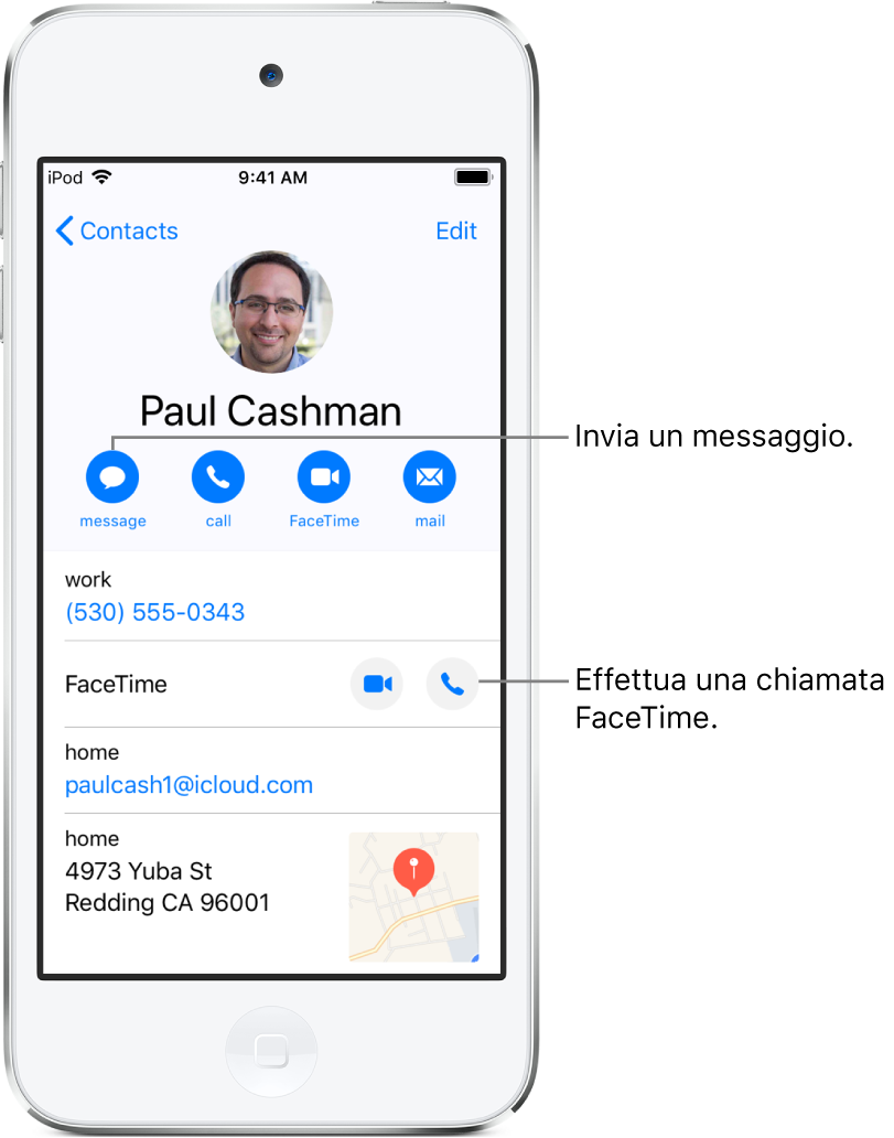 La schermata info di un contatto. In alto sono presenti la foto e il nome del contatto. Sotto il nome sono presenti i pulsanti per inviare un messaggio o un'e-mail, effettuare una chiamata telefonica o FaceTime. Sotto i pulsanti sono presenti le informazioni di contatto.