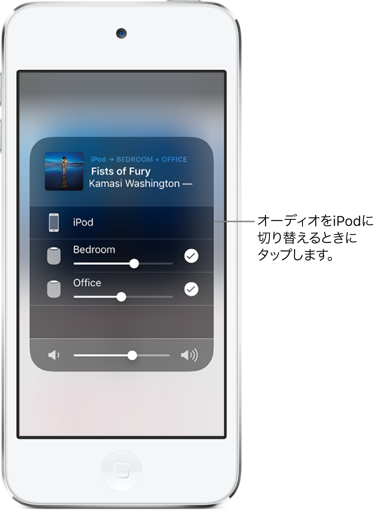 AirPlayウインドウが開いていて、上部に曲名とアーティスト名、下部に音量スライダが表示されています。寝室とオフィスのスピーカーが選択されています。iPod touchが示され、「オーディオをiPodに切り替えるときにタップします。」と表示されています。