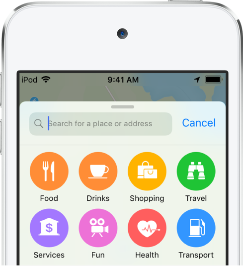 8つのサービス用のボタンが検索フィールドの下に表示されています。上部のボタンは、「食べ物」、「飲み物」、「買い物」、および「旅行」です。下部のボタンは、「サービス」、「遊び」、「ヘルスケア」、および「交通機関」です。