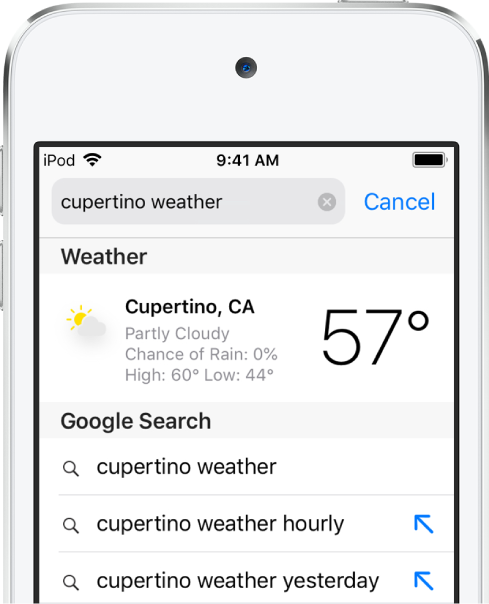 画面の上部にはSafariの検索フィールドがあり、「cupertino weather」と入力されています。検索フィールドの下には「天気」Appからの検索結果があり、クパチーノの現在の天気と気温が表示されています。その下にはGoogle検索の結果として、「cupertino weather」、「cupertino weather hourly」、「cupertino weather yesterday」などと表示されています。各検索結果の右側には、その検索結果ページにリンクされた青い矢印があります。