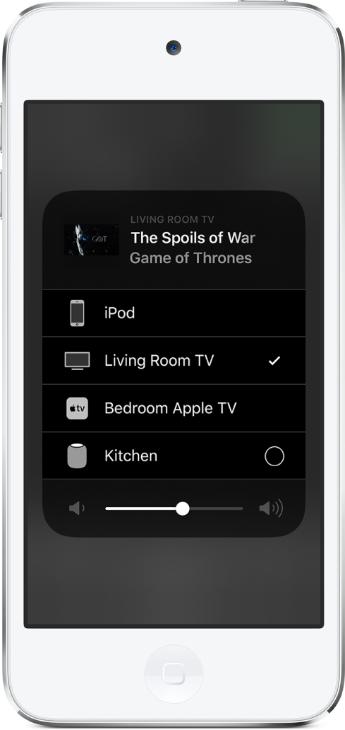 TV 프로그램의 에피소드 제목이 나타나는 열린 AirPlay 윈도우. 아래에는 AirPlay 기기 목록. 거실의 TV가 선택됨. 윈도우 하단에 표시되는 음량 슬라이더.