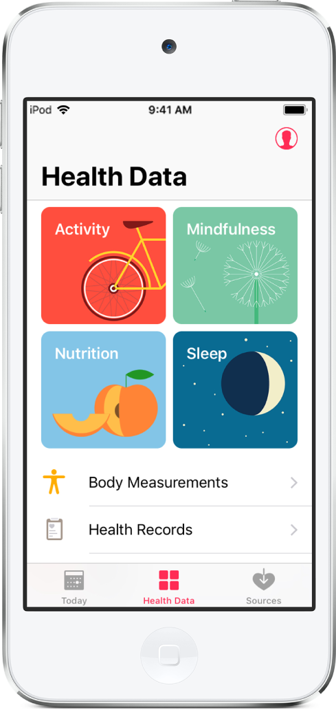 활동, 마음 챙기기, 영양, 수면 카테고리가 있는 건강 앱의 건강 데이터 화면. 오른쪽 상단의 프로필 버튼. 하단에는 왼쪽부터 오른쪽으로 오늘, 건강 데이터, 소스 탭.