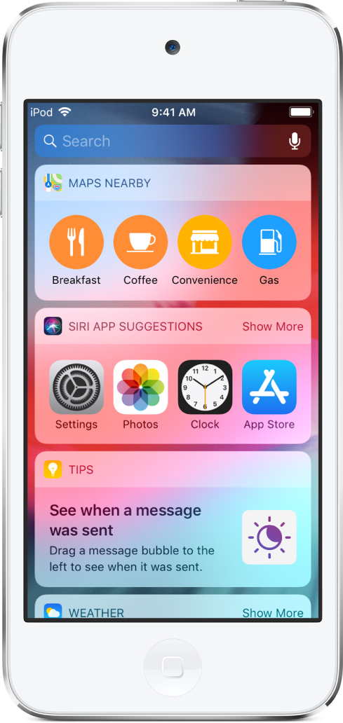 지도 앱의 위젯, Siri 앱의 제안, 팁 및 날씨를 표시하는 오늘 보기.