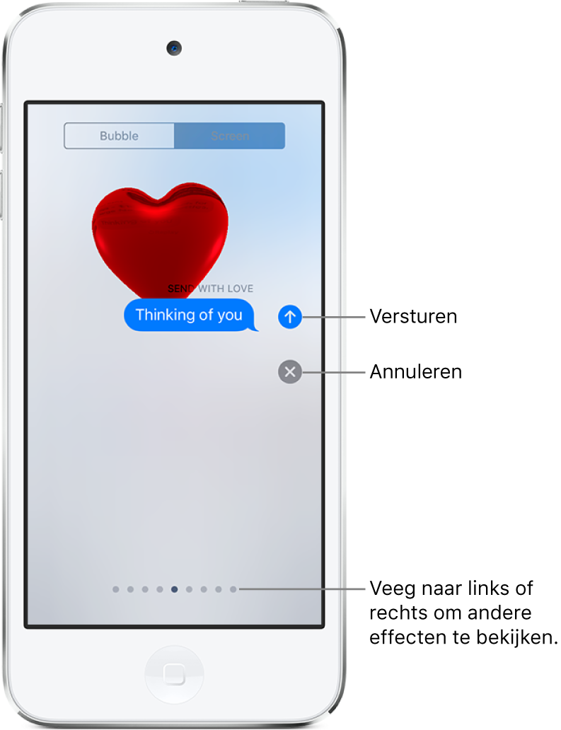 Een voorvertoning van een bericht met een schermvullend effect met een rood hart.