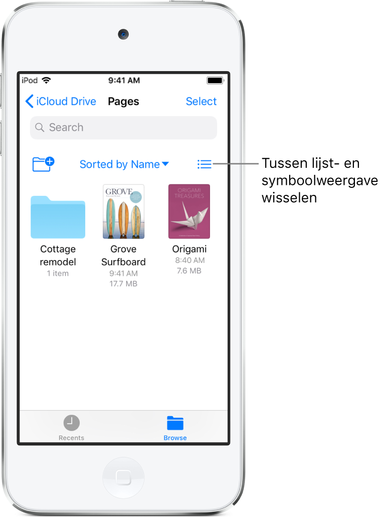 Een iCloud Drive-locatie met Pages-bestanden. De onderdelen zijn op naam gesorteerd en bestaan uit een map met bouwplannen en twee documenten: Grove Surfboard en Origami.