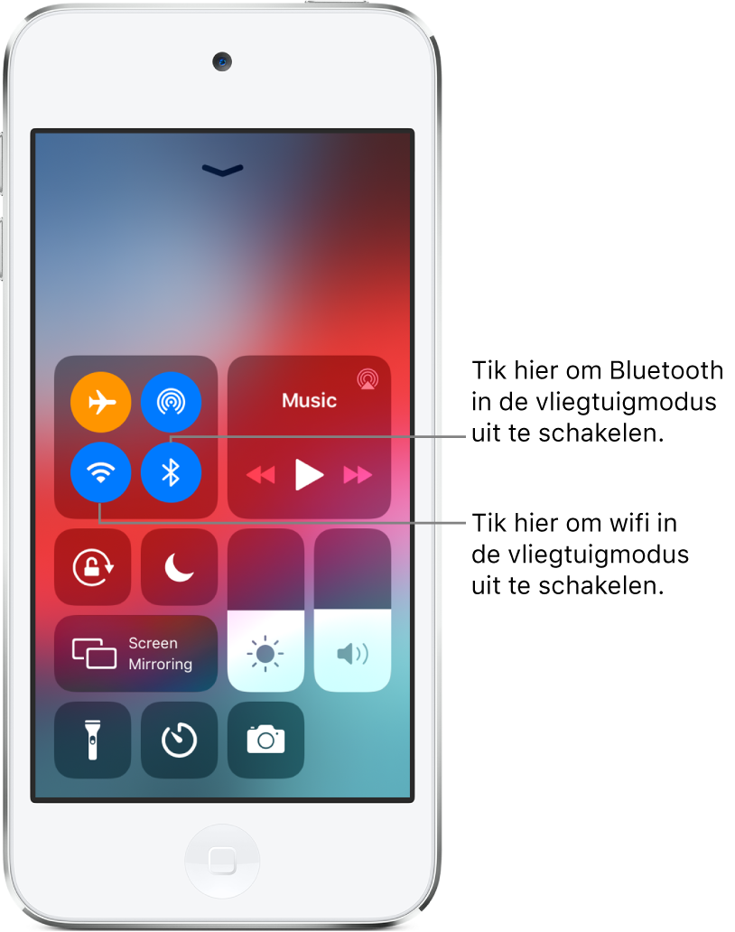 Het bedieningspaneel terwijl de vliegtuigmodus is ingeschakeld. Bijschriften geven aan dat je wifi uitschakelt door in de groep regelaars linksbovenin op de knop linksonder te tikken, en dat je Bluetooth uitschakelt door in dezelfde groep op de knop rechtsonderin te tikken.