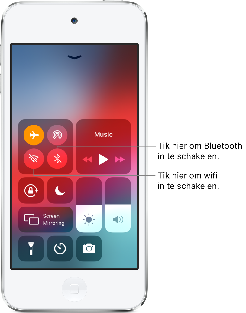 Het bedieningspaneel terwijl de vliegtuigmodus is ingeschakeld. Bijschriften geven aan dat je wifi inschakelt door in de groep regelaars linksbovenin op de knop linksonder te tikken, en dat je Bluetooth inschakelt door in dezelfde groep op de knop rechtsonderin te tikken.