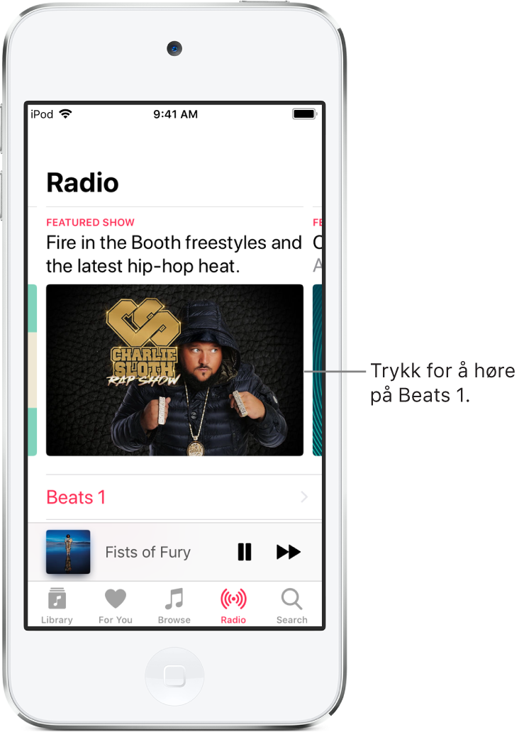 Radio-skjermen som viser Beats 1 Radio øverst. Beats 1 og radiostasjoner vises under.