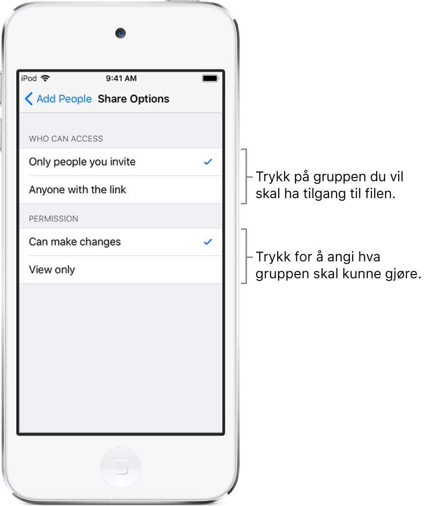 Delingsvalg-skjermen som viser rettighetene du kan angi for den delte filen. Øverst ser du alternativer for hvem som får tilgang til filen (kun personen du inviterer, eller alle som har koblingen til filen). Under ser du handlingene du vil tillate for de personene (gjøre endringer i filen eller kun vise den).