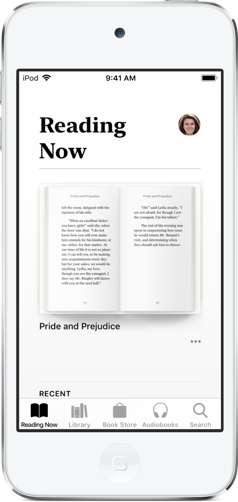 Leser nå-skjermen i Bøker-appen. Nederst på skjermen, fra venstre mot høyre vises fanene Leses nå, Bibliotek, Nettbokhandel, Lydbøker og Søk.