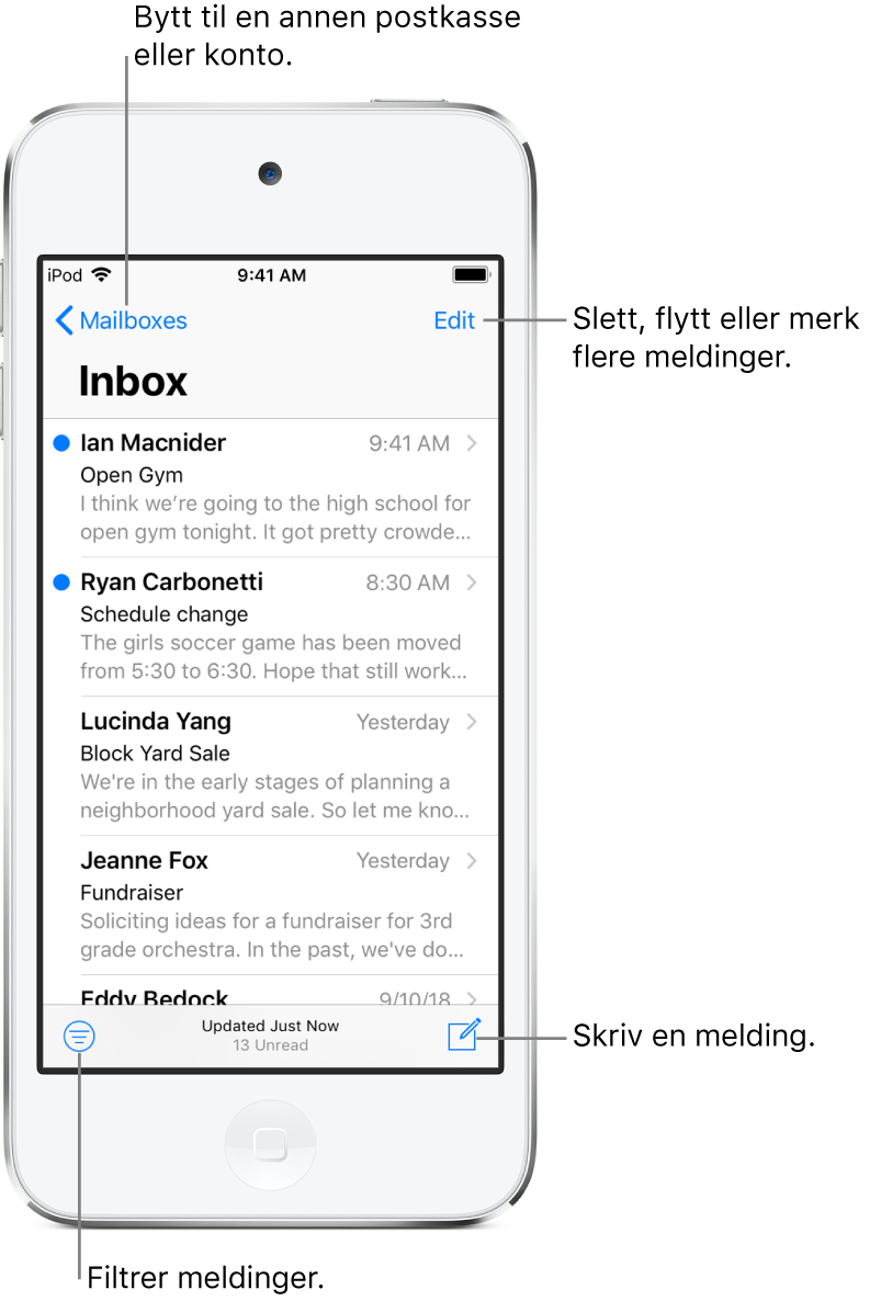 Innboksen, som viser en liste med e-poster. Postkasser-knappen for å bytte til en annen postkasse er øverst til venstre. Rediger-knappen for å slette, flytte eller merke e-poster øverst til høyre. Knappen for å filtrere e-poster slik at kun bestemte typer e-poster vises, er nederst til venstre. Knappen for å skrive en ny e-post er nederst til høyre.