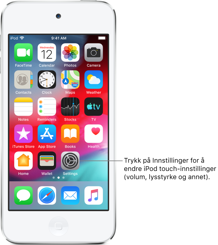 Hjem-skjermen med flere symboler, inkludert Innstillinger-symbolet, som du kan trykke på for å endre lydvolumet, lysstyrken på skjermen og annet på iPod touch.