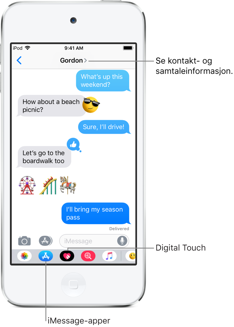 En Meldinger-samtale. Øverst fra venstre mot høyre ser du Tilbake-knappen og navnet på personen du utveksler meldinger med. På midten er meldingene som er sendt og mottatt under samtalen. Nederst fra venstre mot høyre ser du knappene Bilder, Butikker, emneknagg Images, Musikk, Digital Touch og iMessage-app.