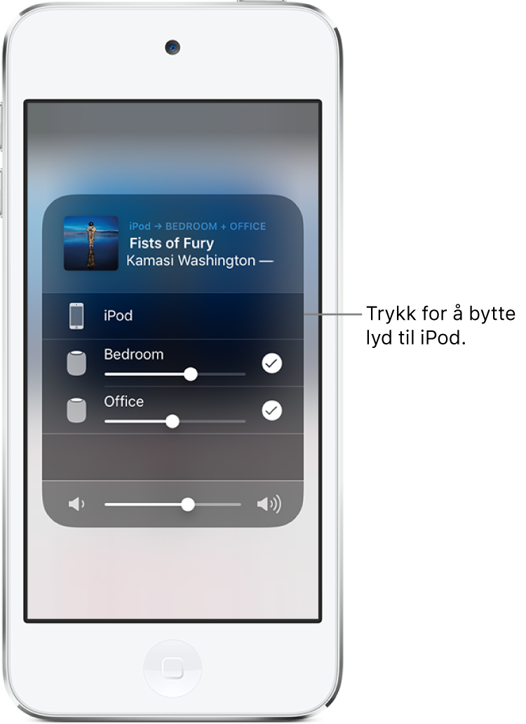 Et AirPlay-vindu er åpent og viser en sangtittel og et artistnavn øverst, med en volumskyveknapp nederst. Høyttalerne på soverommet og kontoret er markert. En bildeforklaring peker på iPod touch med teksten «Trykk for å bytte lyd til iPod».