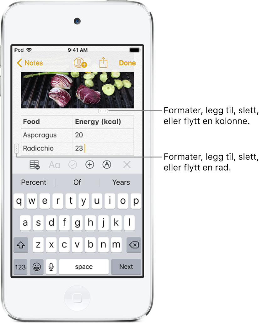 Et notat med en tabell. Toppen av kolonnen viser kolonnehåndtaket, som du trykker på for å formatere, legge til, slette eller endre rekkefølge på kolonnen. På samme måte viser begynnelsen på en rad radhåndtaket.