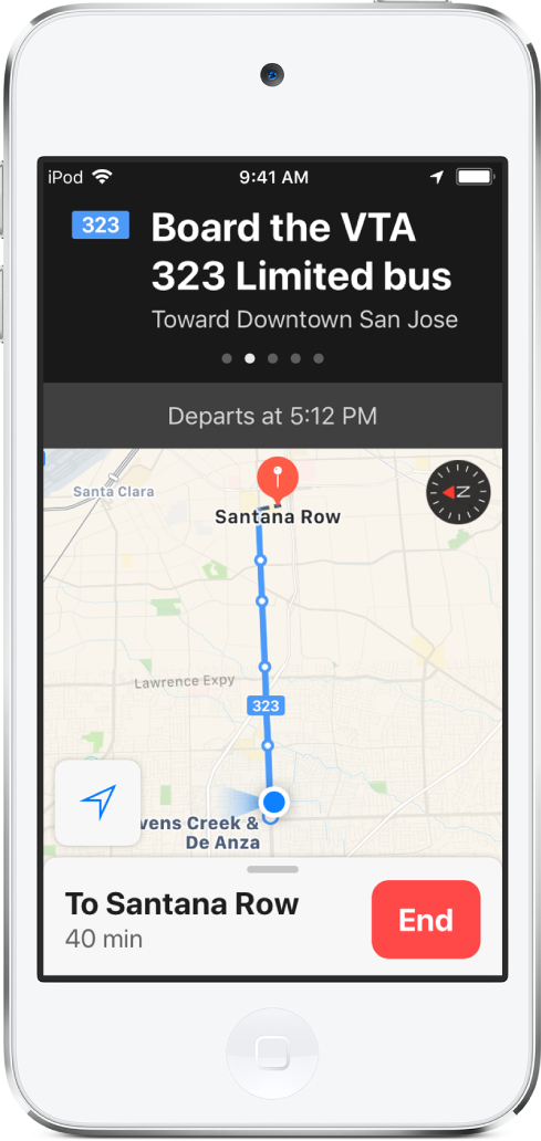 Mapa transportu publicznego pokazująca przystanki na linii autobusowej. Baner na górze ekranu zawiera instrukcję: “Wsiądź do autobusu linii VTA 323 Limited, w kierunku downtown San Jose.”.