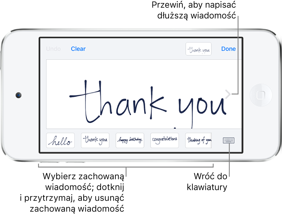 Ekran pisania z wyświetloną wiadomością odręczną. Na dole (od lewej) wyświetlane są zachowane wiadomości oraz przycisk wyświetlania klawiatury.