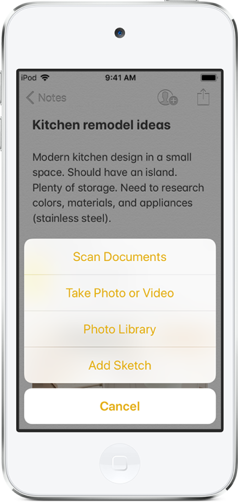 Notatka z menu wstawiania oraz dostępnymi opcjami: skanowania dokumentów, robienia zdjęcia lub nagrywania wideo, biblioteki zdjęć i dodawania szkicu.