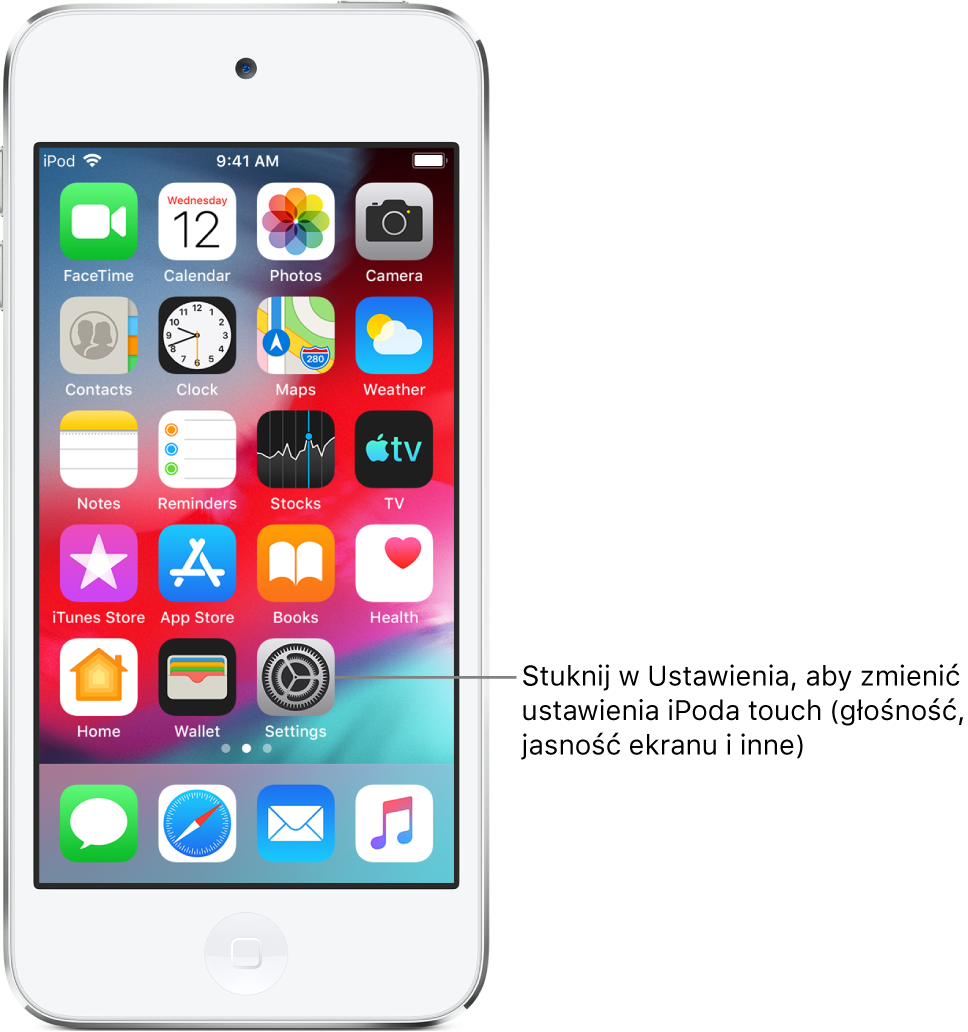 Ekran początkowy z szeregiem ikon, w tym ikoną aplikacji Ustawienia, która pozwala zmieniać ustawienia głośności iPoda touch, jasności jego ekranu i inne.