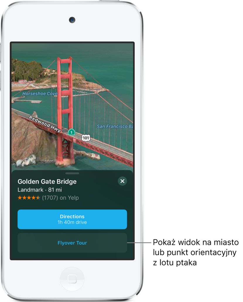 Widok fragmentu mostu Golden Gate. Na dole ekranu znajduje się baner z przyciskiem wycieczki Flyover (pod przyciskiem trasy).