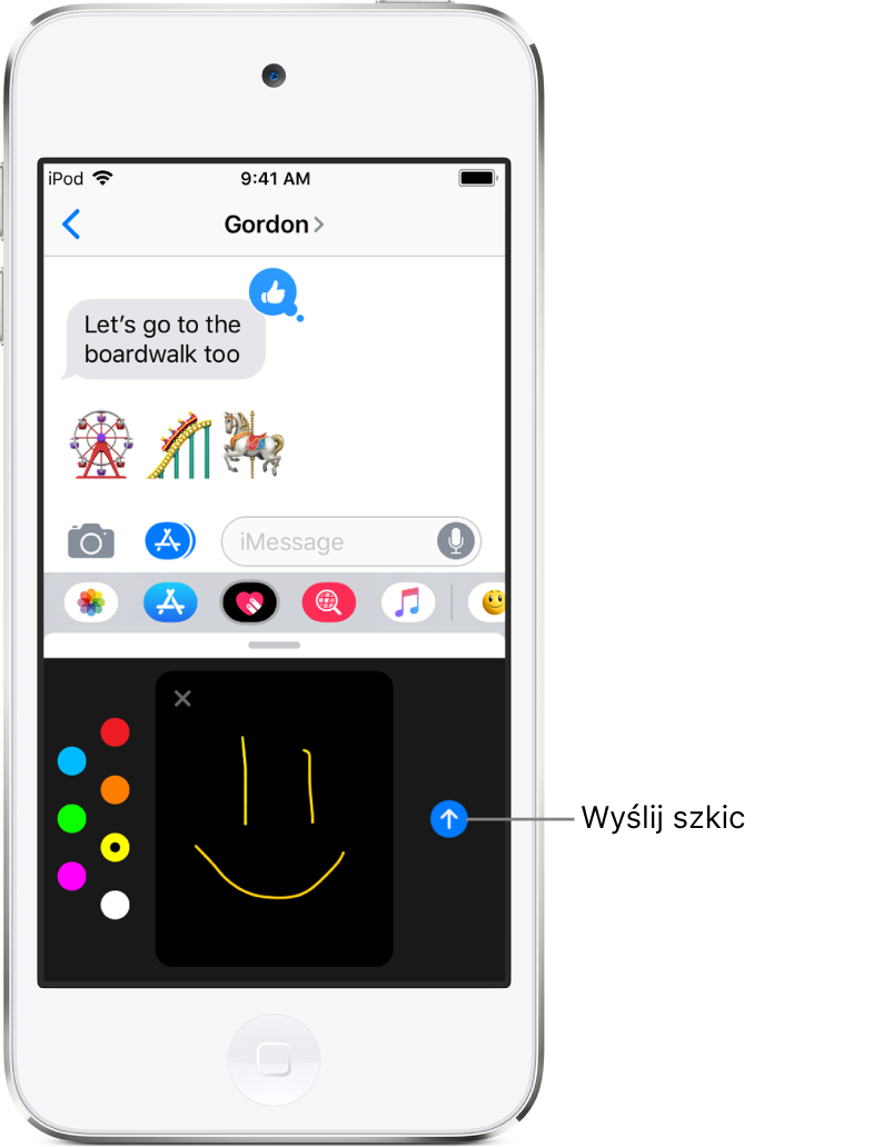 Okno aplikacji Wiadomości z ekranem Digital Touch na dole. Po lewej znajdują się pola wyboru koloru, na środku obszar rysowania, a po prawej — przycisk wysyłania.