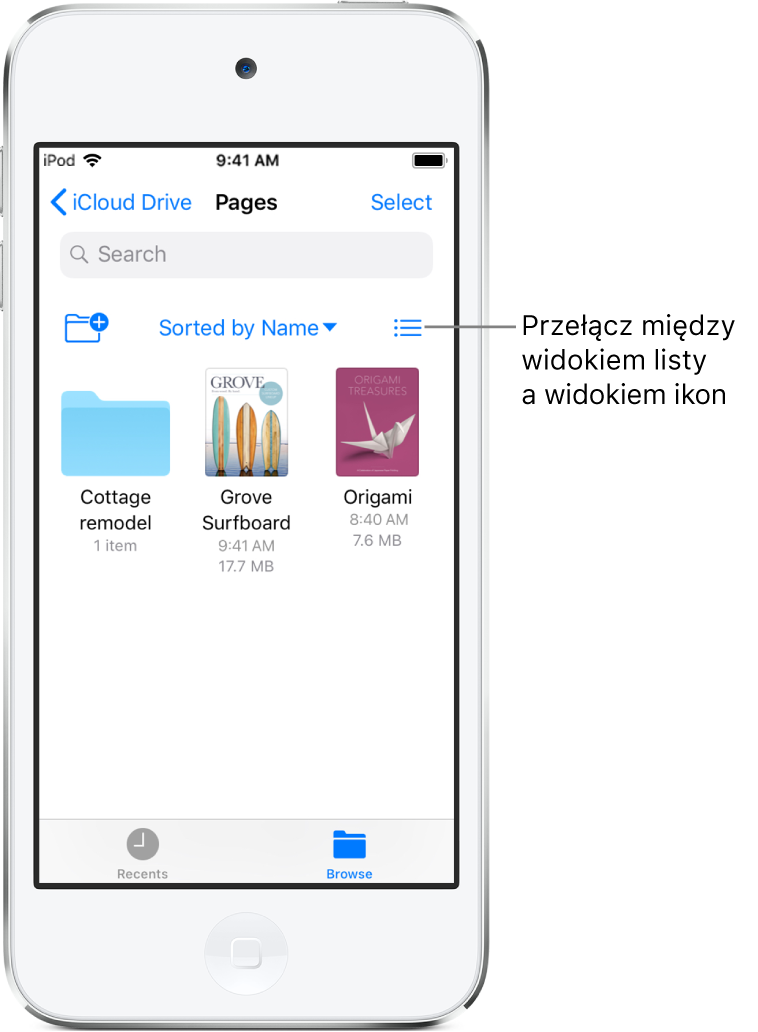 Miejsce na iCloud Drive z plikami aplikacji Pages. Rzeczy są posortowane według nazwy. Jest wśród nich folder o nazwie Remont domku oraz dwa dokumenty: Deska surfingowa i Origami.