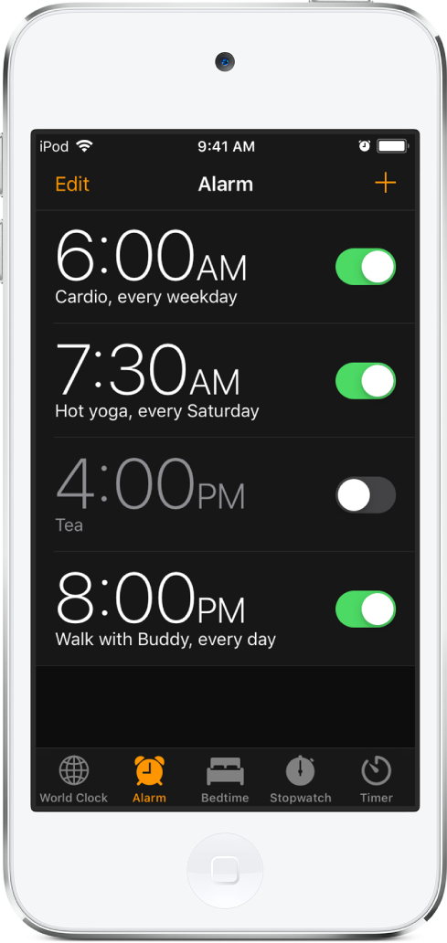 Aba Alarme mostrando quatro alarmes para horas diferentes.