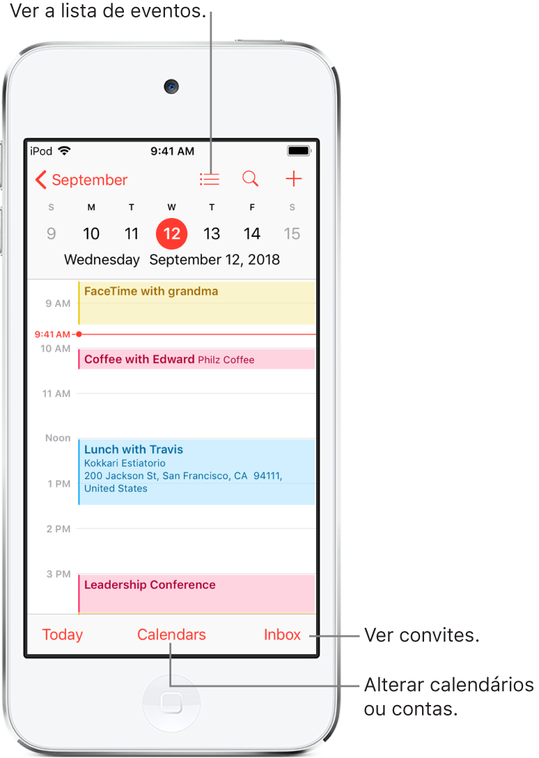 Um calendário na visualização de dia mostrando os eventos do dia. Toque no botão Calendários na parte inferior da tela para alterar as contas do calendário. Toque no botão Entrada no canto inferior direito para ver os convites.