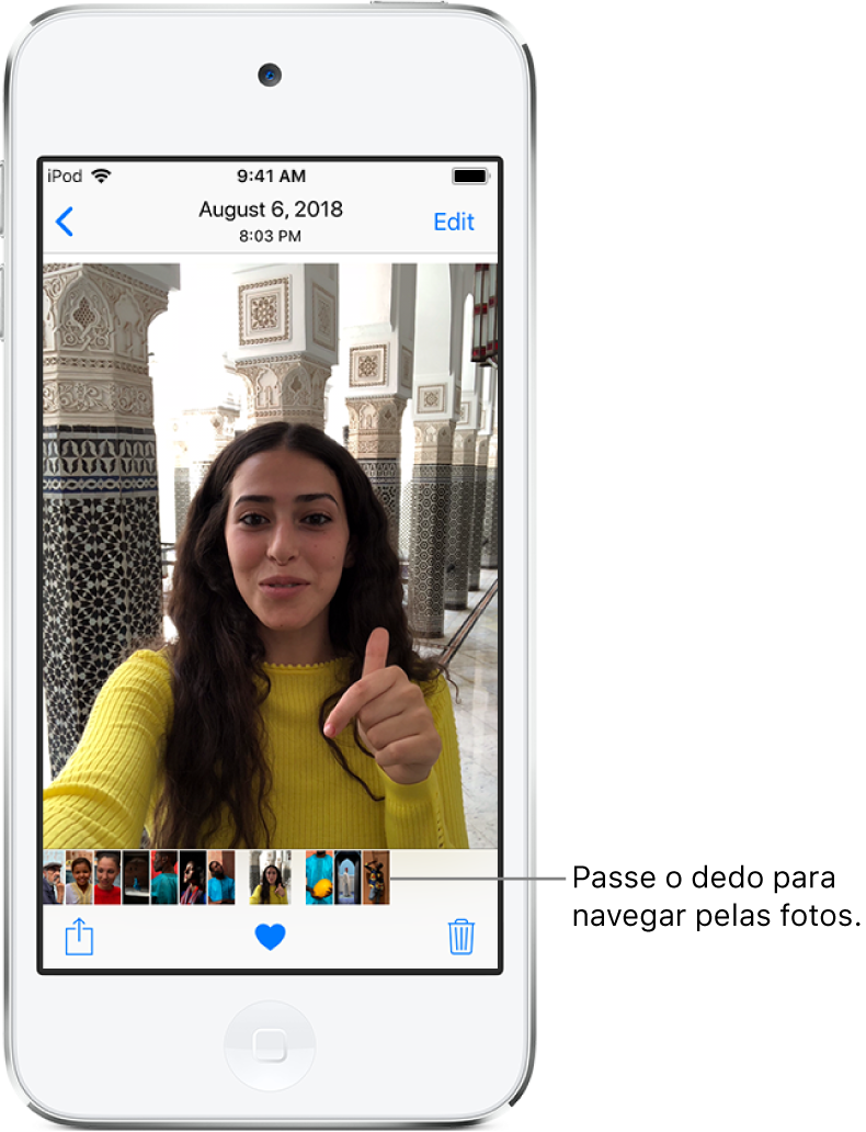 Uma foto com miniaturas de outras fotos ao longo da parte inferior da tela. Na parte superior esquerda está o botão voltar, que leva você de volta à aba que estava explorando. Ao longo da parte inferior encontram-se os botões Compartilhar, Curtir e Apagar. Na parte superior direita encontra-se o botão Editar.