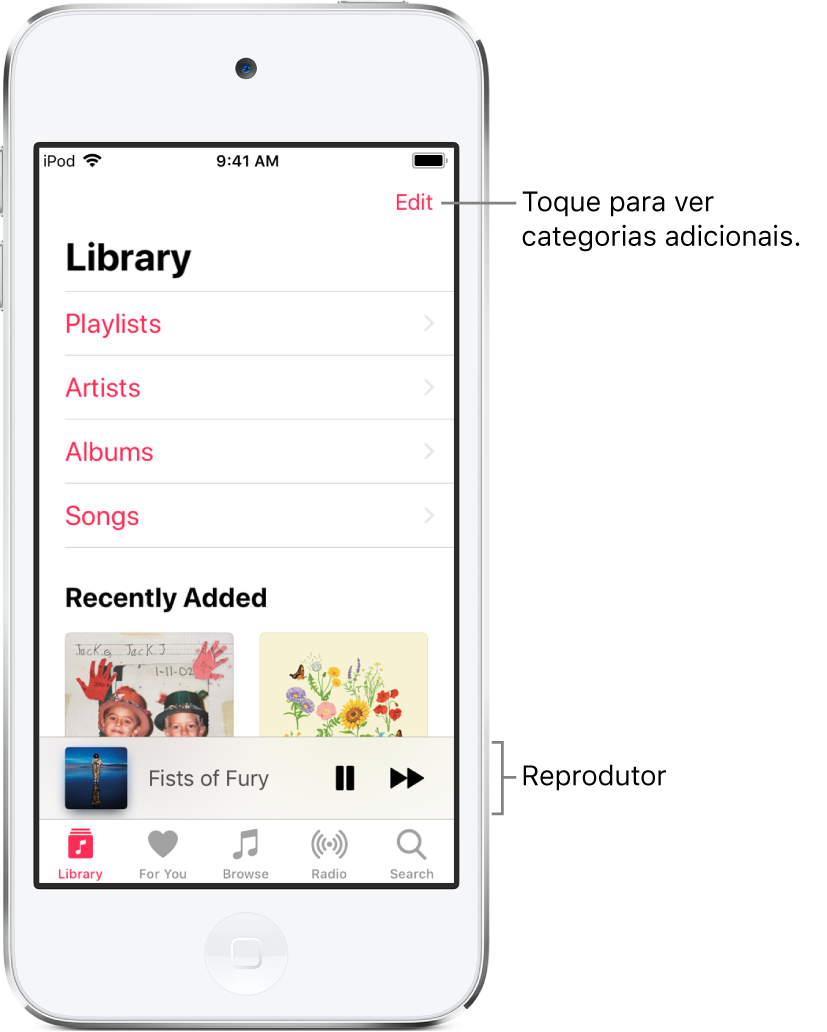 A tela Biblioteca mostrando uma lista de categorias incluindo Playlists, Artistas, Álbuns e Músicas. O cabeçalho Adições Recentes aparece abaixo da lista. Reprodutor mostrando o título da música atual e os botões Pausar e Seguinte, próximos à parte inferior.
